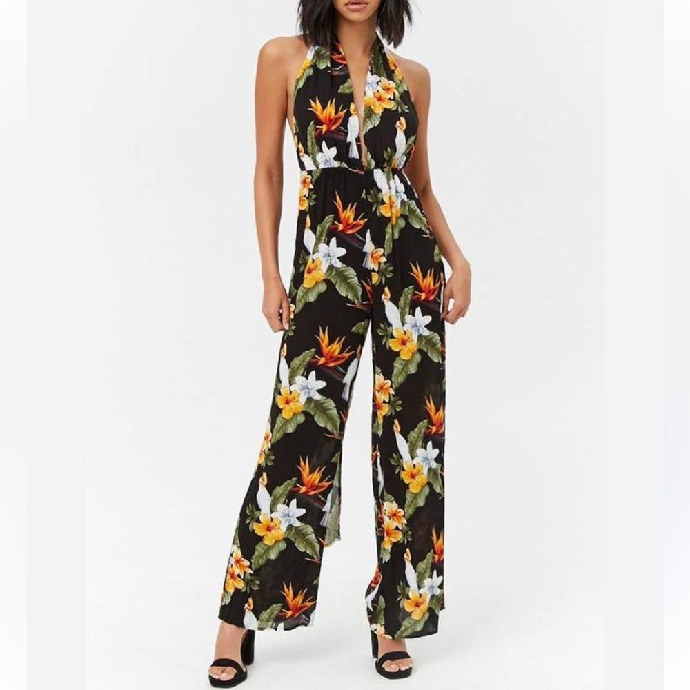 Forever 21 Black Floral Halter Jumpsuit